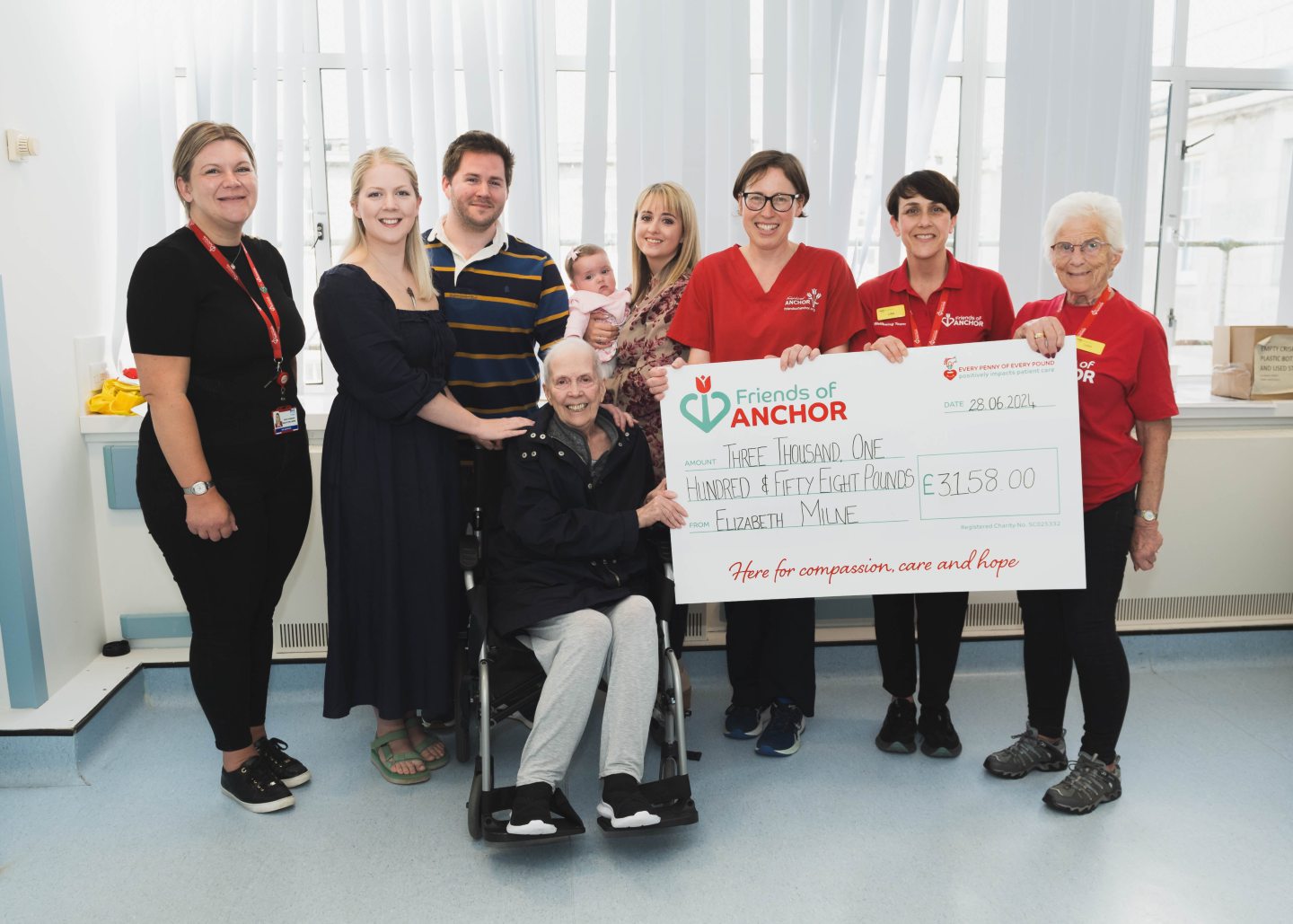 Liz Milne, family and volunteers with the cheque donated to Friends of Anchor.