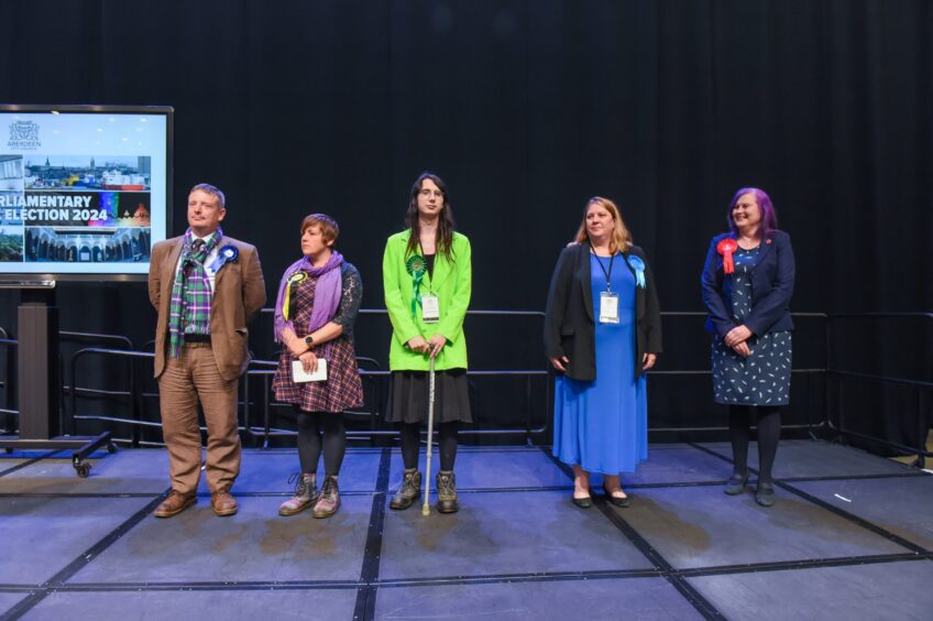 Candidates Charlie Abel (Alba Party), Kirsty Blackman (Scottish National Party SNP), Esme Houston (Scottish Greens), Gillian Tebberen (Scottish Conservative and Unionist), Lynn Thomson (Scottish Labour Party) as the Aberdeen North election result is announced. Image: Kenny Elrick/DC Thomson