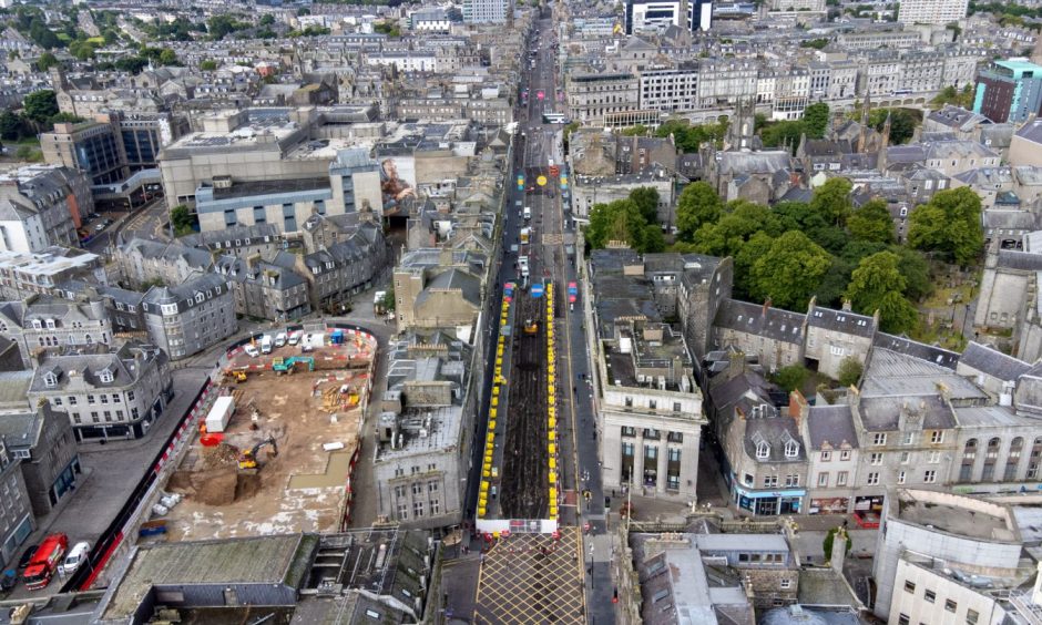 A drone image showing Union Street and Aberdeen market works from above. Image: Kenny Elrick/DC Thomson