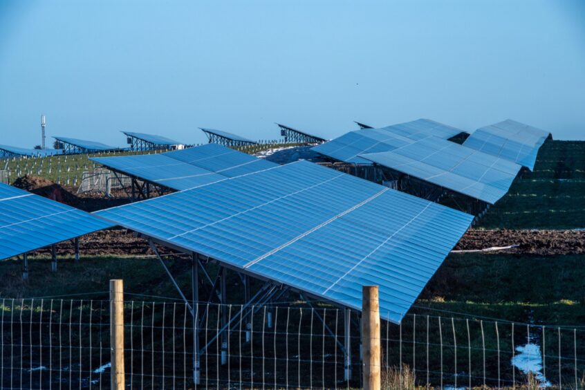 Solar panels at the Bilbo Farm Solar PV Park near Crimond.