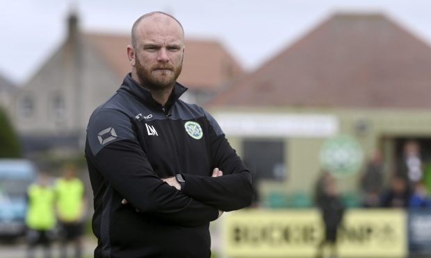 CR0048982, Danny Law, Buckie.
Shaun Wood testimonial. Buckie Thistle v Elgin City. 
Picture of Buckie Thistle manager Lewis MacKinnon.
Saturday, July 6th, 2024, Image: Kenny Elrick/DC Thomson