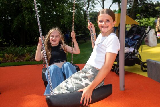 Olsen Spence and Mia Brady enjoying the new £1million play park at Hazlehead which opened on Tuesday 23rd July 2024 
Image: Kath Flannery/DC Thomson