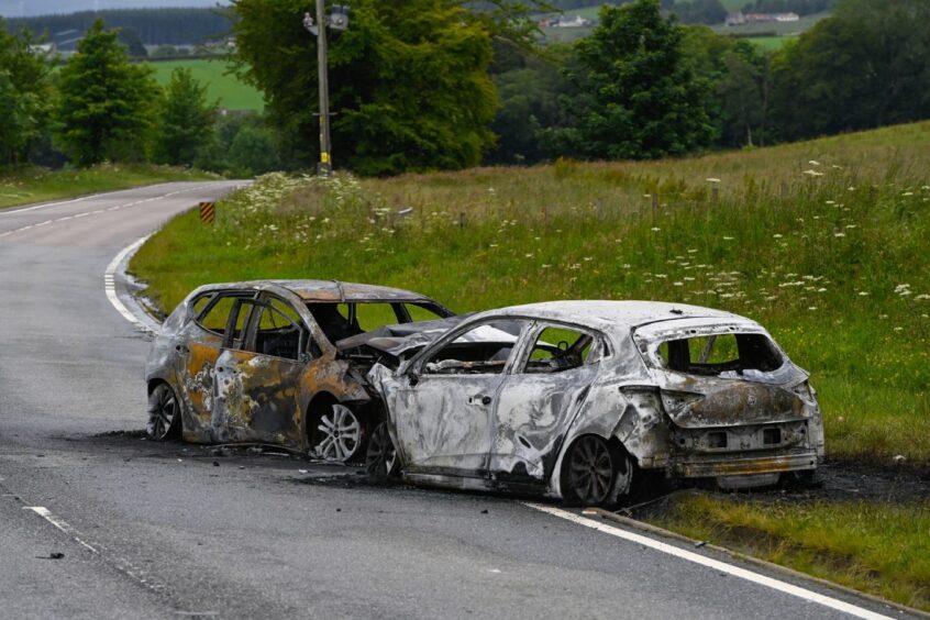 Two cars damaged in fire after crash on the A96 south of Keith near Coachford.