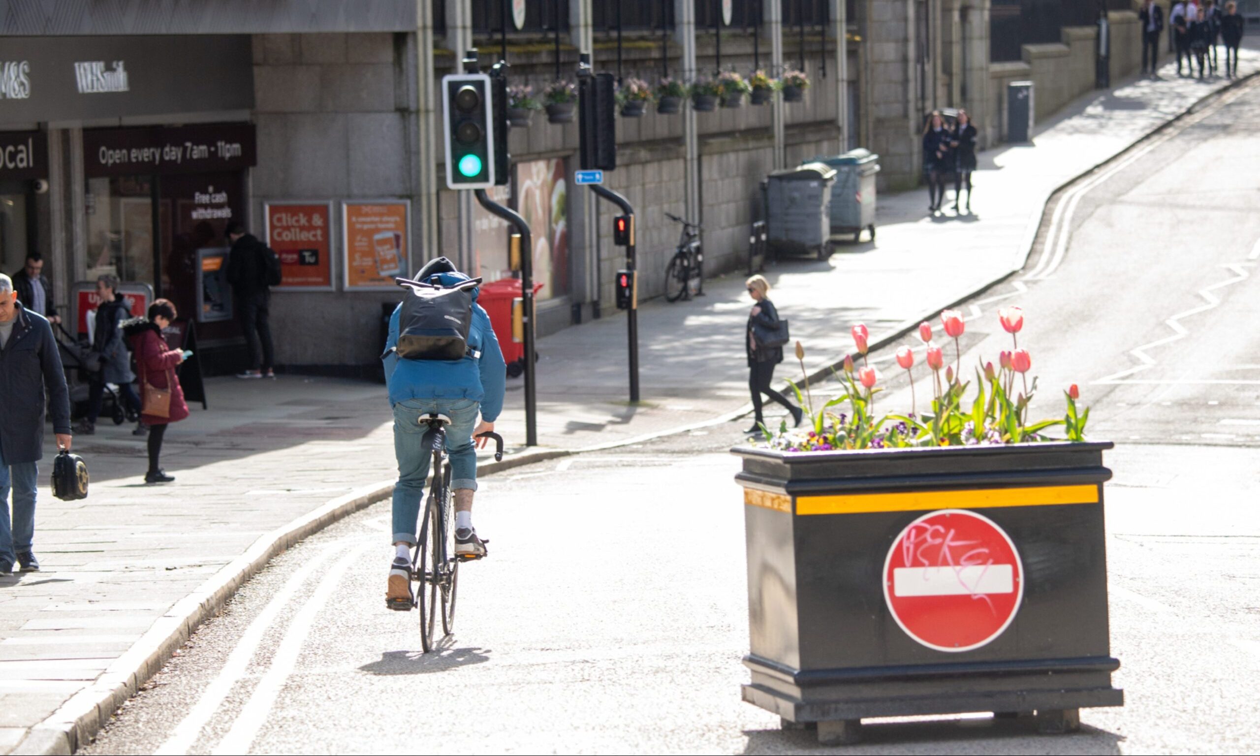 Schoolhill has been turned into a shared pedestrian and cyclist zone - though buses are currently rerouted along it as Union Street central is closed. Image: Kami Thomson/DC Thomson