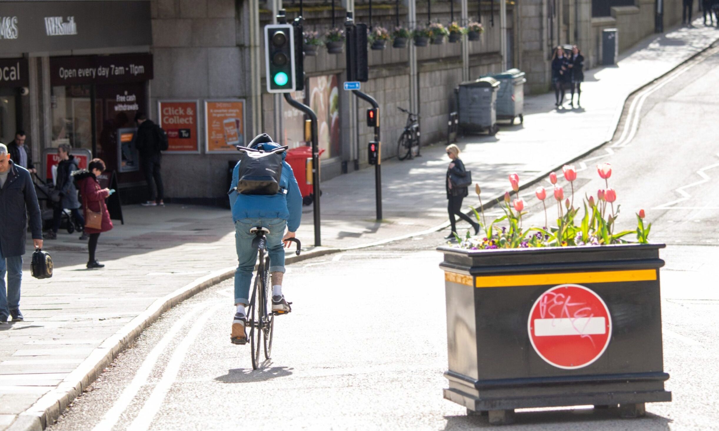 Schoolhill has been turned into a shared pedestrian and cyclist zone - though buses are currently rerouted along it as Union Street central is closed. Image: Kami Thomson/DC Thomson