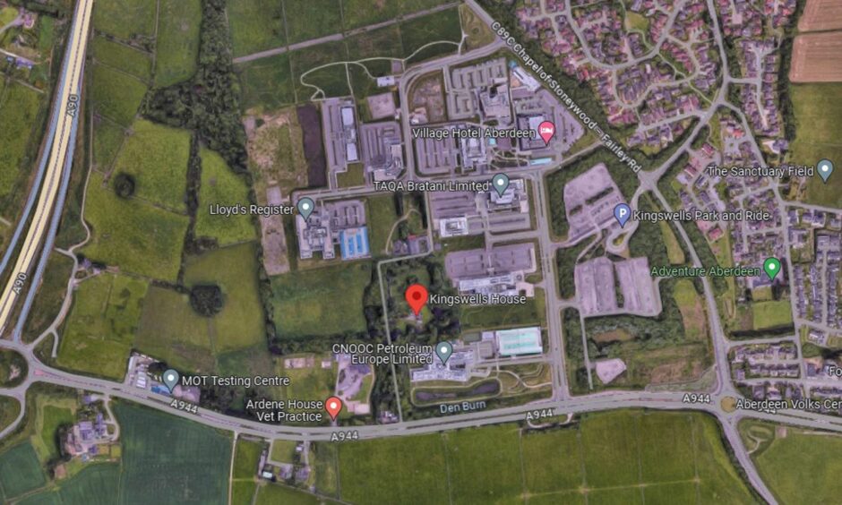 Google Street View image of the former 'seance mansion' nestled next to the Prime Four Business Park and the A944
