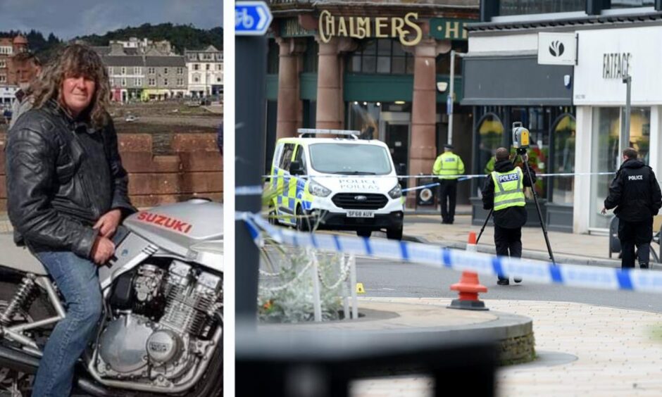Douglas Macarthur on bike and police at scene of the fatal Oban crash