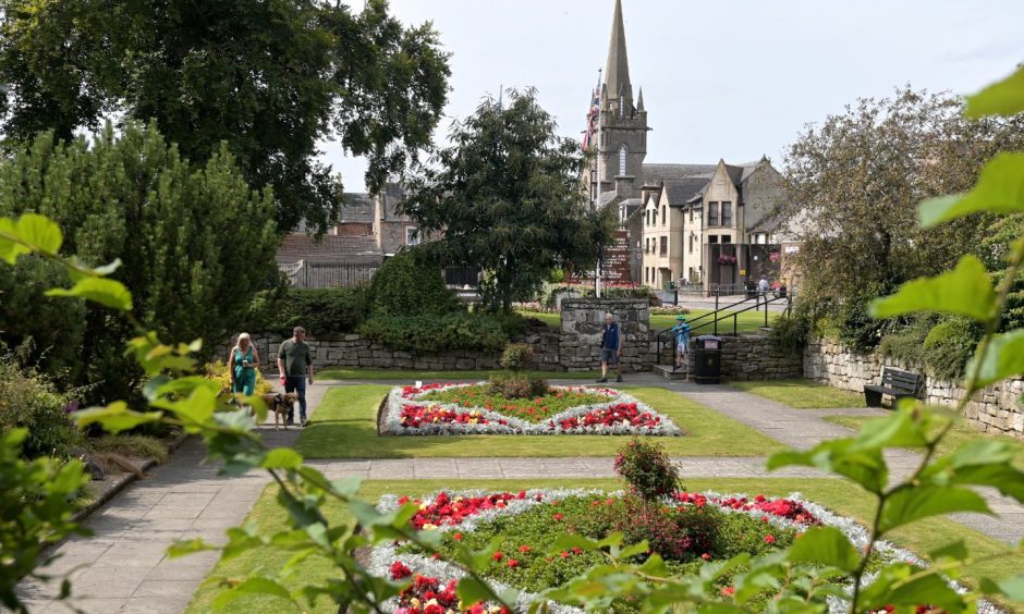 Looking across Grant Park sunken gardens to Forres town centre. 