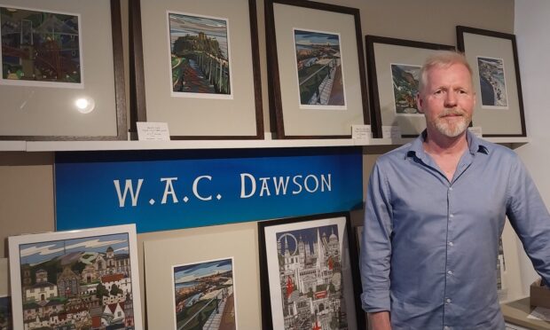 William Dawson with his work at the recently opened Quay Gallery in Stonehaven. Image: Kirstie Topp/DC Thomson