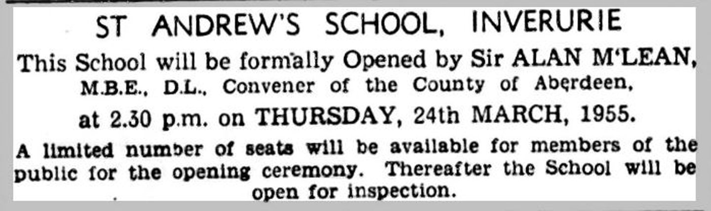 Clipping of Evening Express story about opening of St Andrew's School, Inverurie, in 1955.