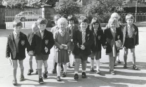 1983: It's a big step going to school and these pupils of Mile End Primary were about to step over the threshold for the first time. Image: DC Thomson