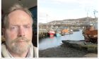 Sean Reddy with a beard, beside an image of boats in Mallaig Boatyard.
