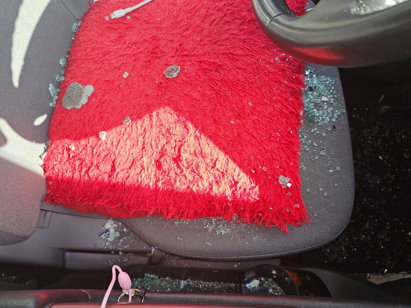 Shattered glass in car.