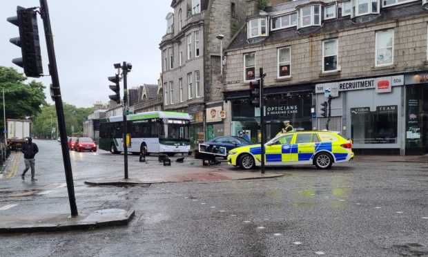 Traffic lights wiped out on Union Street, Aberdeen. Police are in attendance.