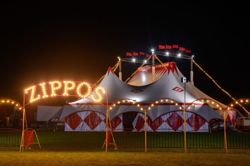 Zippos Circus Big Top tent at night 