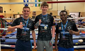 Byron Boxing Club's Sony Kerr (l), Mikey Kahl and Fawaz Aborode (r) win British titles. Image supplied by Byron Boxing Club.