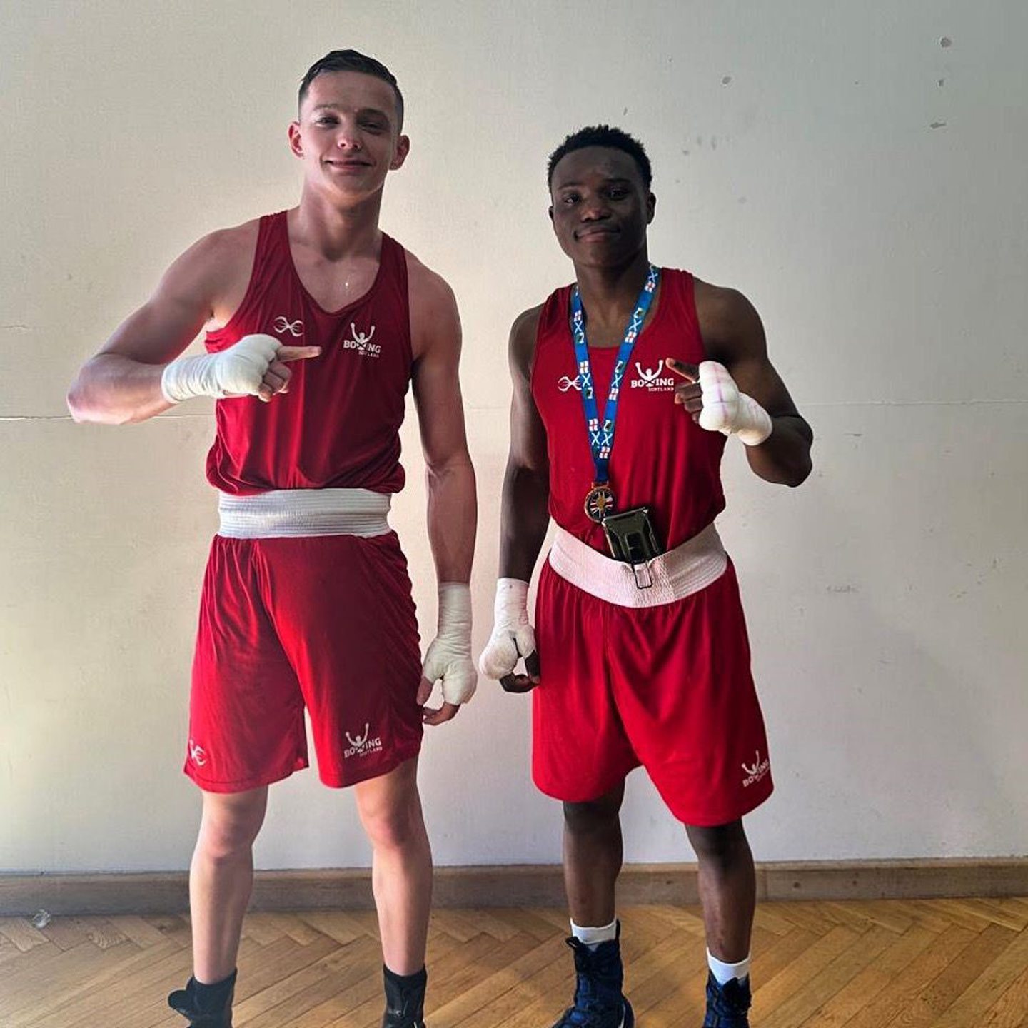 Byron Boxing club fighters Sonny Kerr (l) and Fawaz Aborode with their British title gold medals. Image supplied by Byron Boxing 