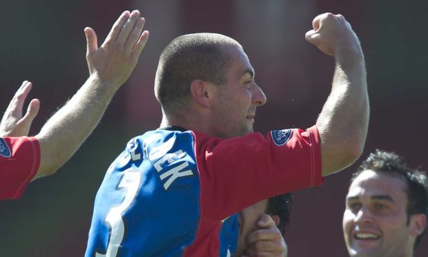 Stuart Golabek celebrates after scoring Caley Thistle's first SPL goal against Dunfermline in 2004