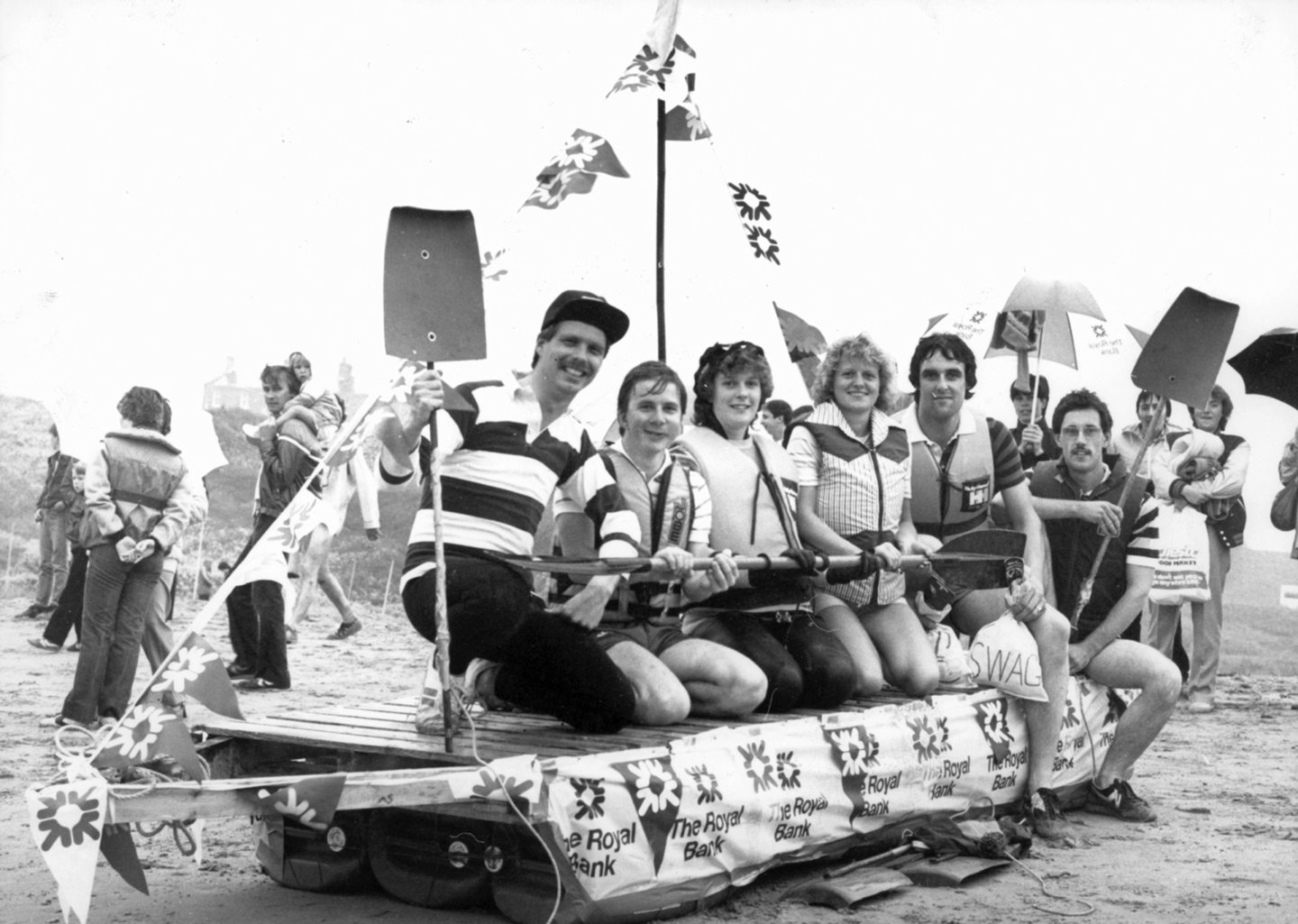 Members of the Royal Bank of Scotland's Peterhead branch taking part in the Peterhead Scottish Week raft race