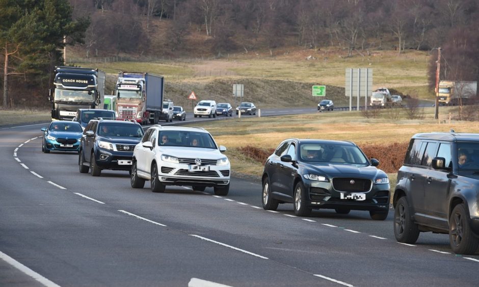 Line of traffic congestion on the A9 heading south towards Kingussie.