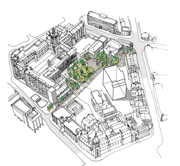 A sketch of the first phase of the redevelopment of Aberdeen's Queen Street as an urban park. Image: Aberdeen City Council/Optimised Environments (Open) 