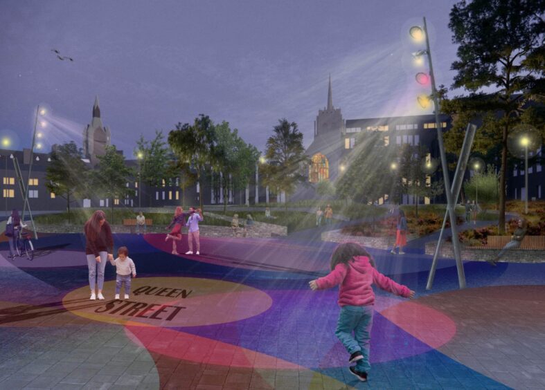 Dancing in the street: A concept image of planned performance space in the Queen Street urban park. Image: Aberdeen City Council/Optimised Environments (Open)