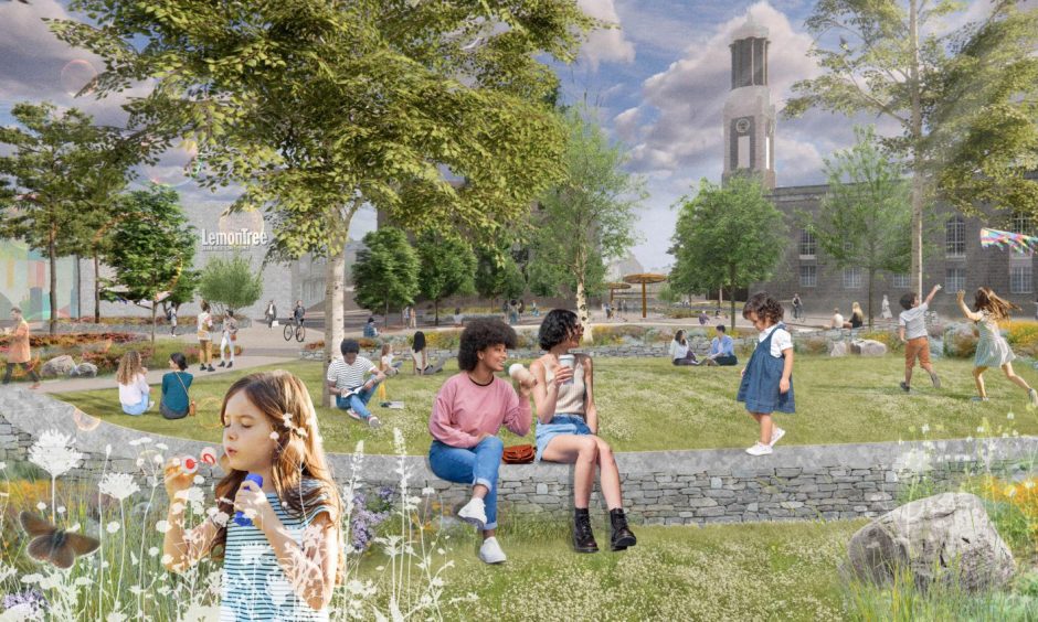 A first look at the vision for the Queen Street urban park. Image: Aberdeen City Council/Optimised Environments