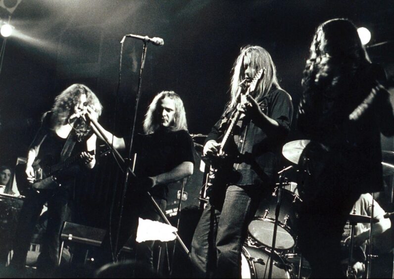 Lynyrd Skynyrd band members on stage in in 1974.