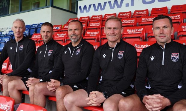 Ross County backroom staff ahead of the 2024-25 season: Left to right - Scott Thomson (goalkeeping coach), Jason Moriarty (performance), Paul Cowie (first team coach), Carl Tremarco (assistant manager), Don Cowie (manager). Image: Ross County FC
