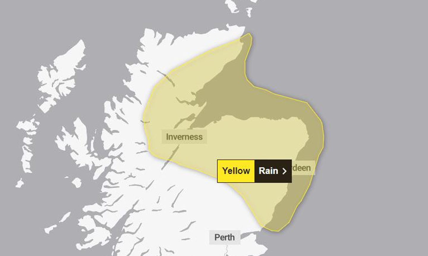 Map showing where the weather warnings will hit. It'll cover most of the north-east, including Moray, Aberdeenshire and Aberdeen. It will also cover a part of the Highlands.