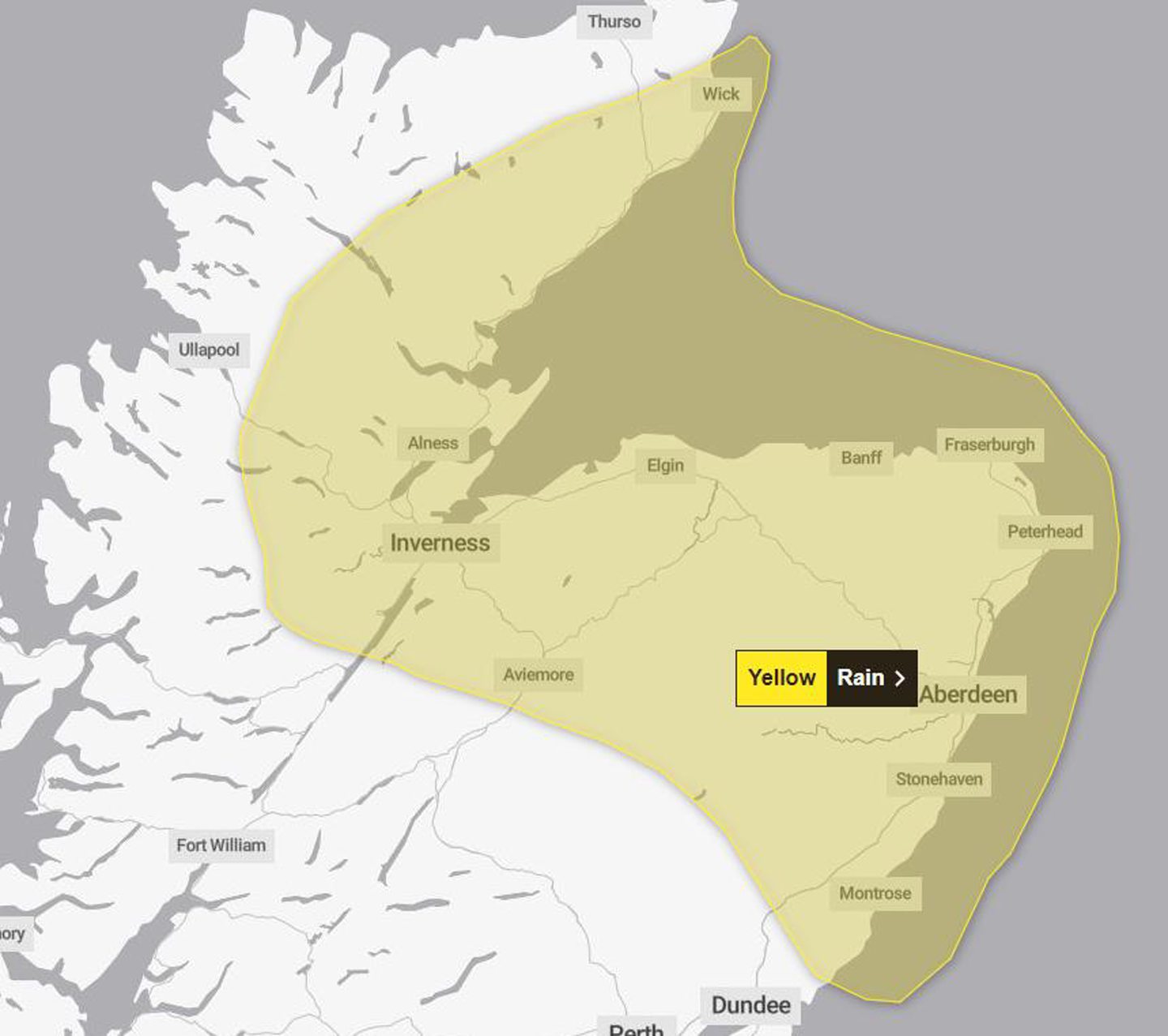 Met Office map shows yellow warning for rain covering the north and north-east of Scotland.