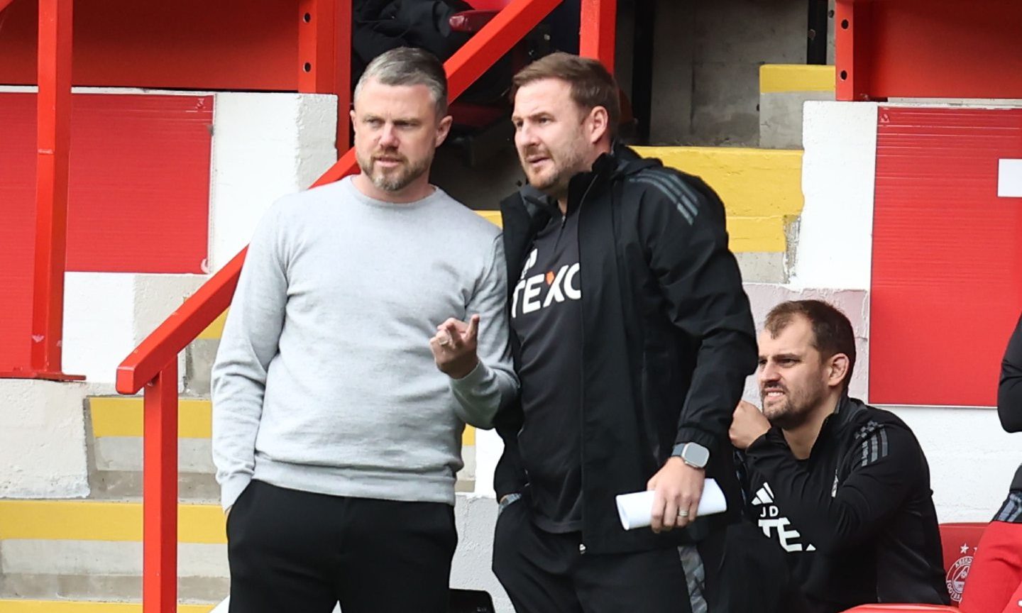 Aberdeen manager Jimmy Thelin and coach Peter Leven during the Premier Sports Cup match against Queen's Park. Image: Shutterstock.