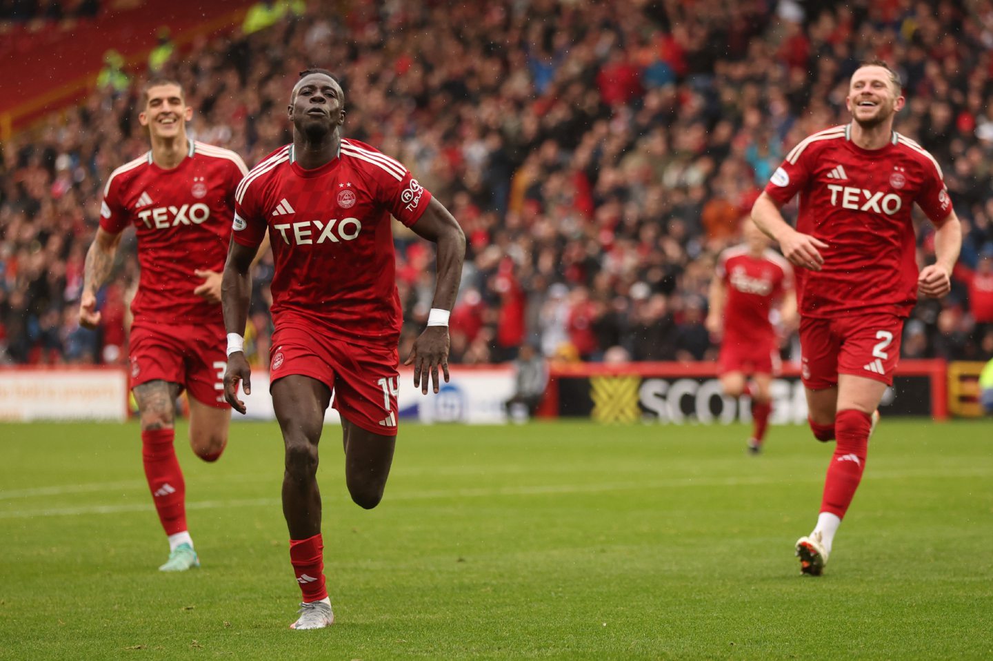 Aberdeen's Pape Gueye celebrates his second goal in the 2-0 defeat of Kilmarnock Image: Shutterstock 