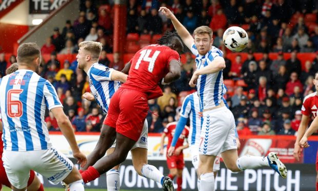 Pape Gueye scores Aberdeen's opener in the 2-0 defeat of Kilmarnock. Image: Shutterstock