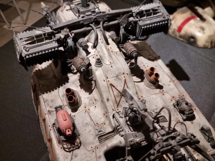 The top view of a highly detailed tank-like model.