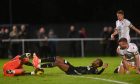 Formartine United striker Julian Wade and Inverurie Locos goalkeeper Zak Ellis in action. Image: Darrell Benns/DC Thomson.