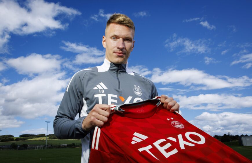 Aberdeen midfielder Ante Palaversa during an Aberdeen press conference at Cormack Park, on August 9, 2024, in Aberdeen, Scotland. Image: SNS.