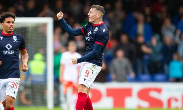 Ronan Hale celebrates scoring against Dundee United. Image: SNS