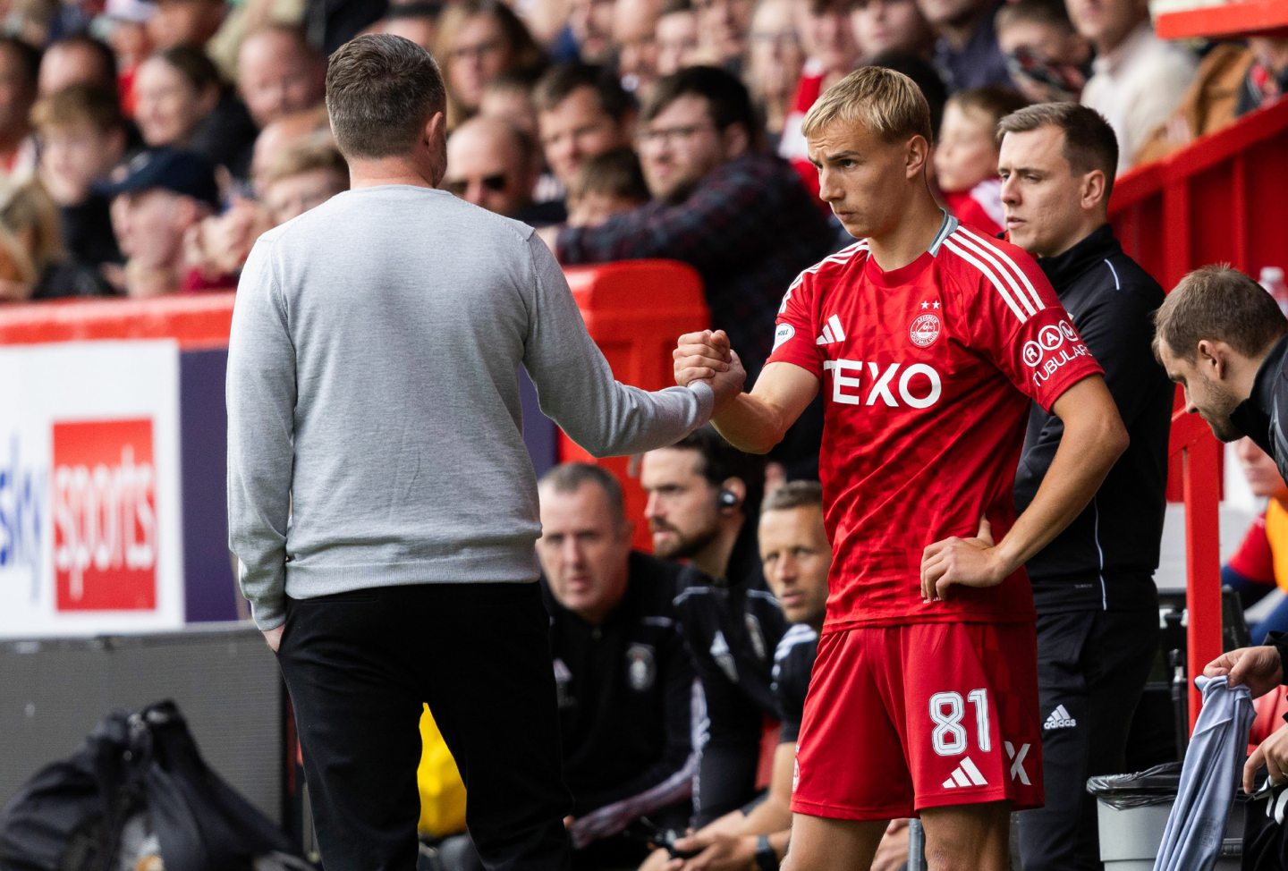 Aberdeen manager Jimmy Thelin brings on winger Topi Keskinen for his debut against Queen's Park. Image: SNS