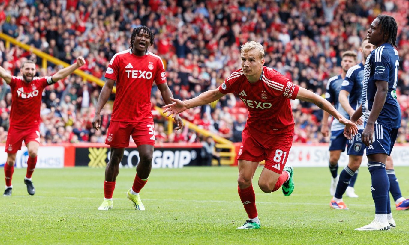 Aberdeen's Topi Keskinen celebrates scoring to make it 1-0 against Queen's Park at Pittodrie. Image: SNS