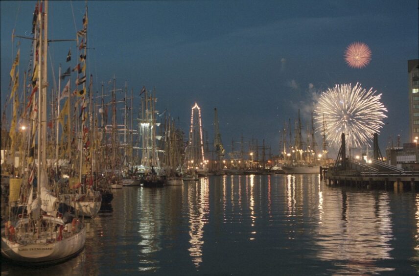 A fireworks display over Aberdeen harbour when the Tall Ships came to the city in July 1997. Image: DC Thomson