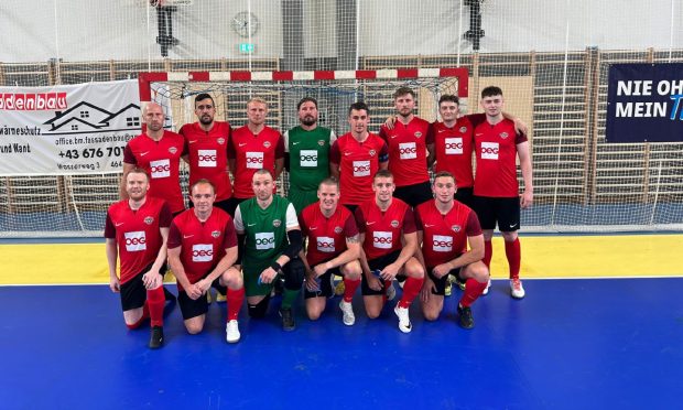 The Aberdeen Futsal Academy squad. Back row (left to right): Alan Redford, Miguel Llinas, Chris Angus, Stewart Gray, Grant Campbell, Callum Dunbar, Jamie Shawyer, Arran Christie. Front row (left to right): David Booth, Richard Macadie, Dmytro Zabrodin, Jamie Lennox, Willie Mathers, Richie Petrie.