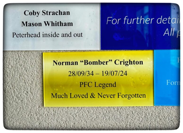 A new memorial plaque in the reception area at Peterhead FC to remember Norman "Bomber" Crighton.