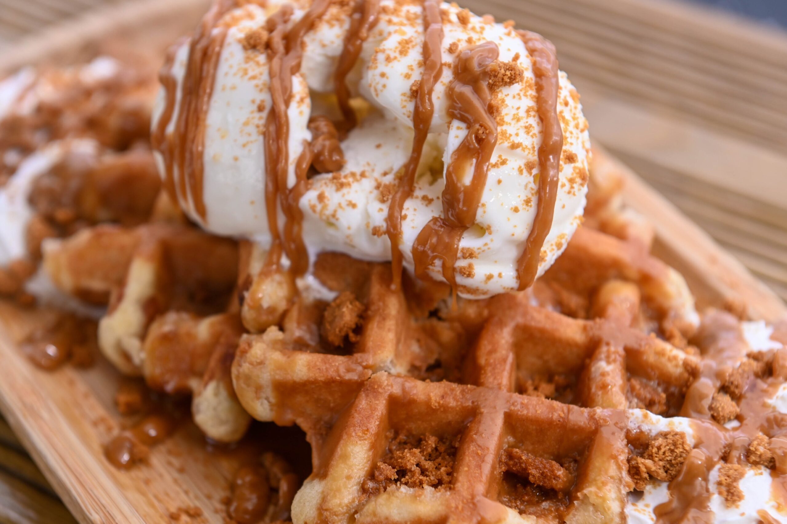 Close-up of the Lotus Biscoff waffle