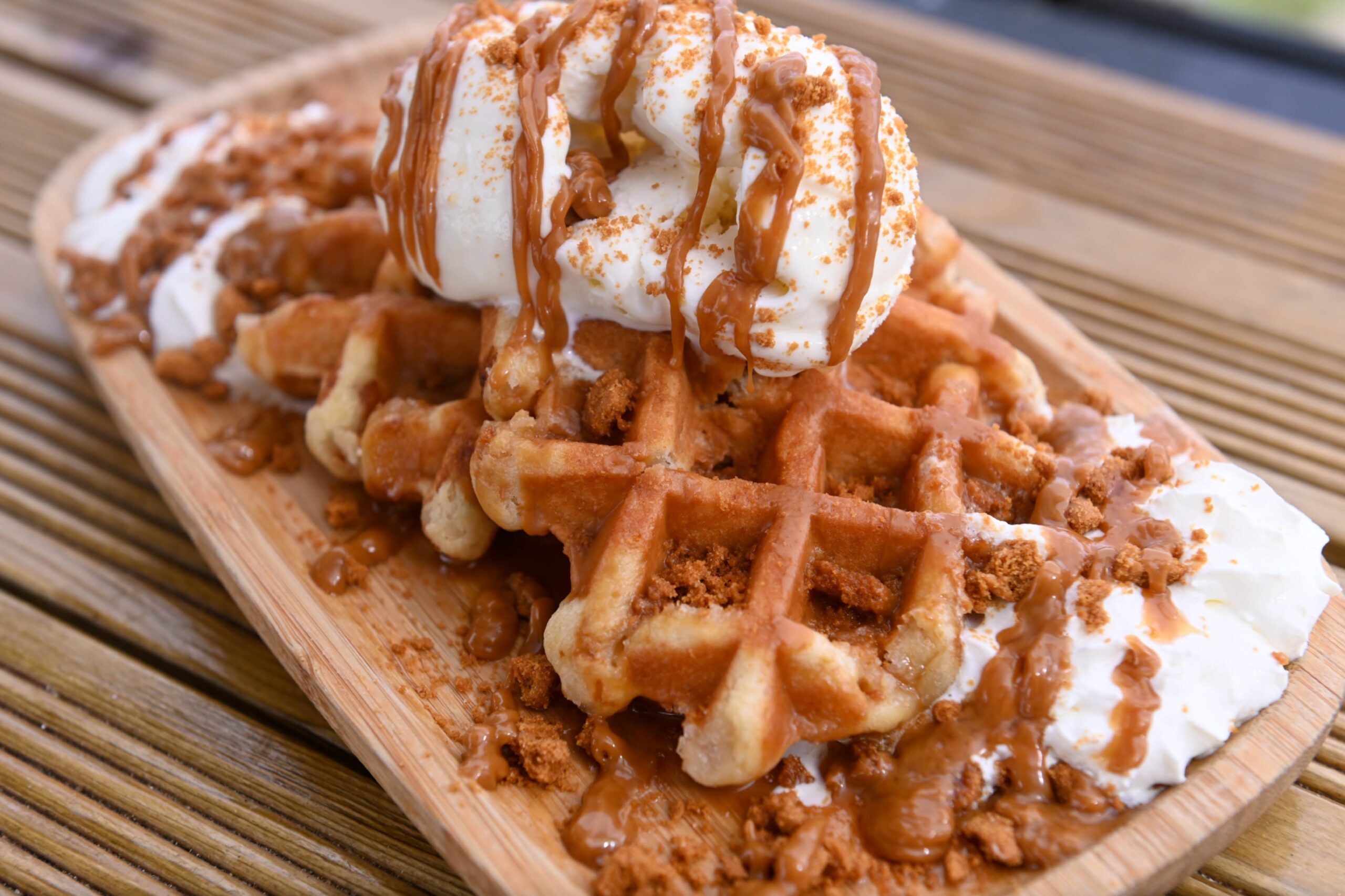 Lotus Biscoff waffle at The Highlander Café Bus on Aberdeen beach.