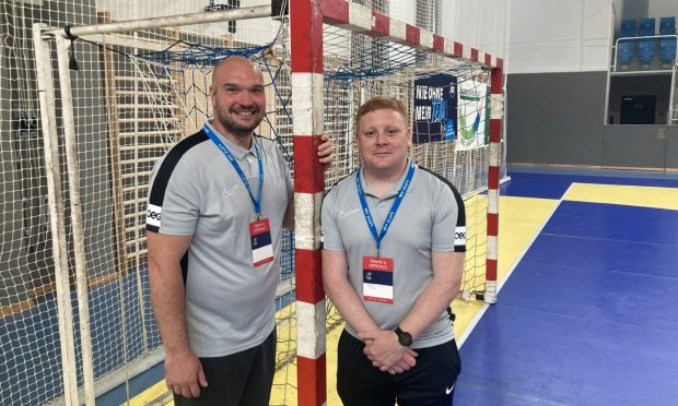 Aberdeen Futsal Academy's general manager David Littlejohn, left, and manager Dean Elrick, right. Pictured at Sporthalle NMS Linz-Kleinmuchen in Linz, Austria on August 21 2024 at the UEFA Futsal Champions League.

Pictures by Callum Law/DCT Media.