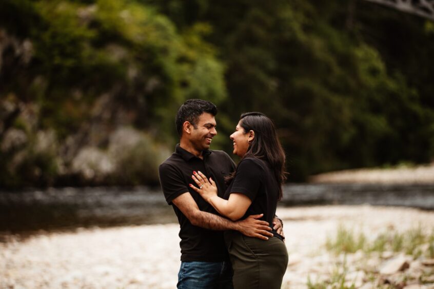 Vishal Sawlani and Nicheta Bhatia photographed during their proposal in Moray.