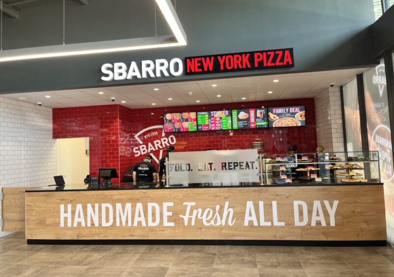 Sbarro, New York-style pizza counter, at Portlethen Service Station.