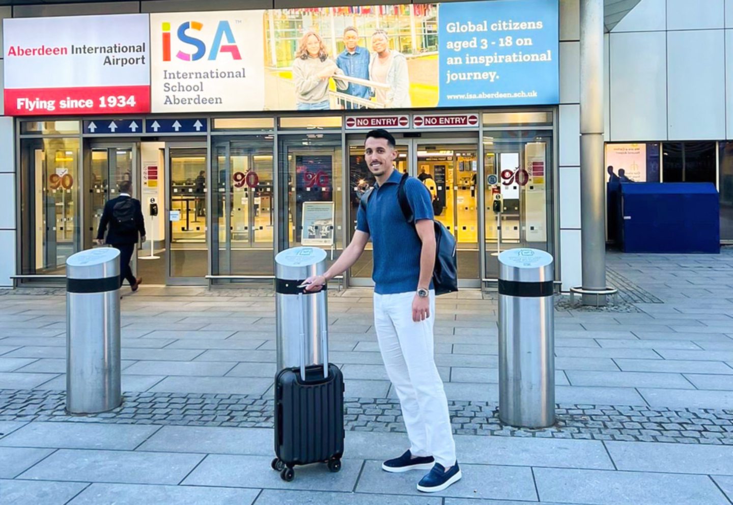 Bojan Miovski is pictured as he departs to join Girona at Aberdeen International Airport, on August 14, 2024. Image: SNS 