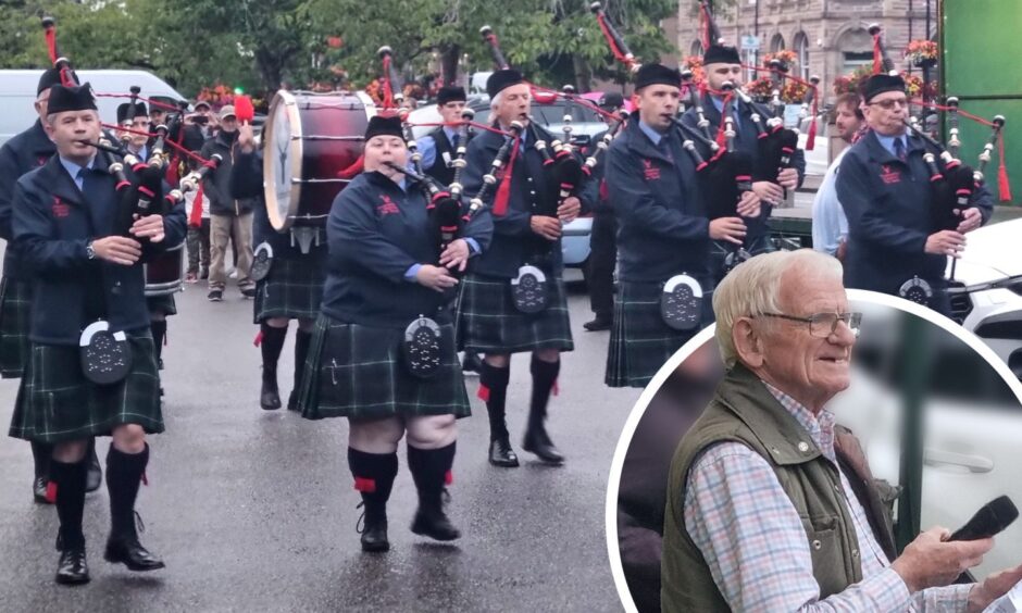 Strathpeffer Pipe Band playing in Beauly Square, with an inset picture of James Campbell compering.